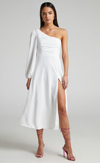 Razille Midi Dress - Ruched Bodice One Shoulder Long Sleeve Dress in White