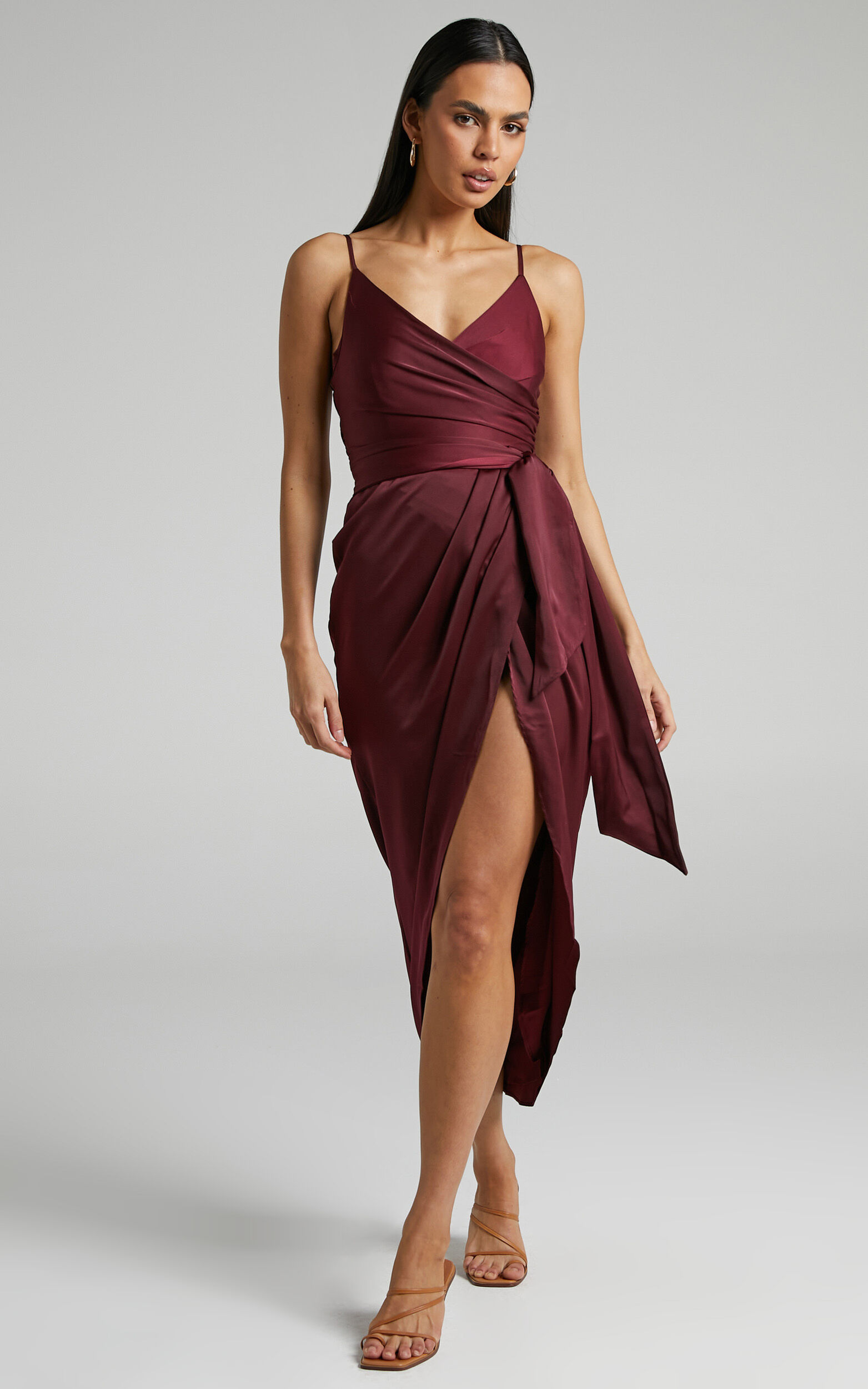 How Will I Know Midaxi Dress - Wrap Waist Tie Tulip Hem Dress in Wine - 04, WNE4