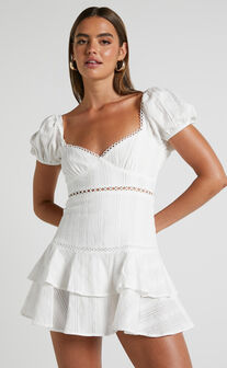 Rhyken Mini Dress - Puff Sleeve Frill Detail Dress in Off White