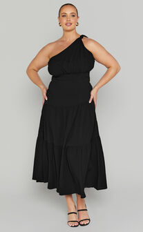 Celestia Midaxi Dress - Tiered One Shoulder Dress in Black