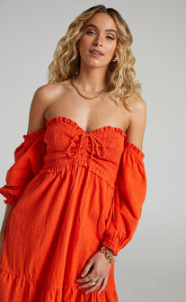 Nikka Midi Dress - Shirred Off Shoulder Puff Sleeve Dress in Oxy Fire