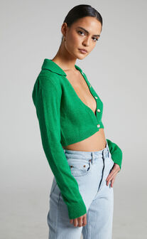 Clarisse Collared Crop Cardigan in Green