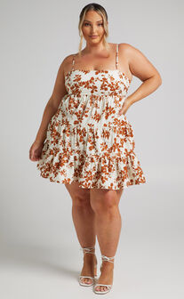 Lorelle Straight Neck Tiered Mini Dress in Shadow Floral
