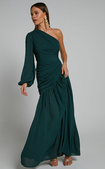 Grittah One Shoulder Bishop Sleeve High Slit Ruched Maxi Dress in Emerald