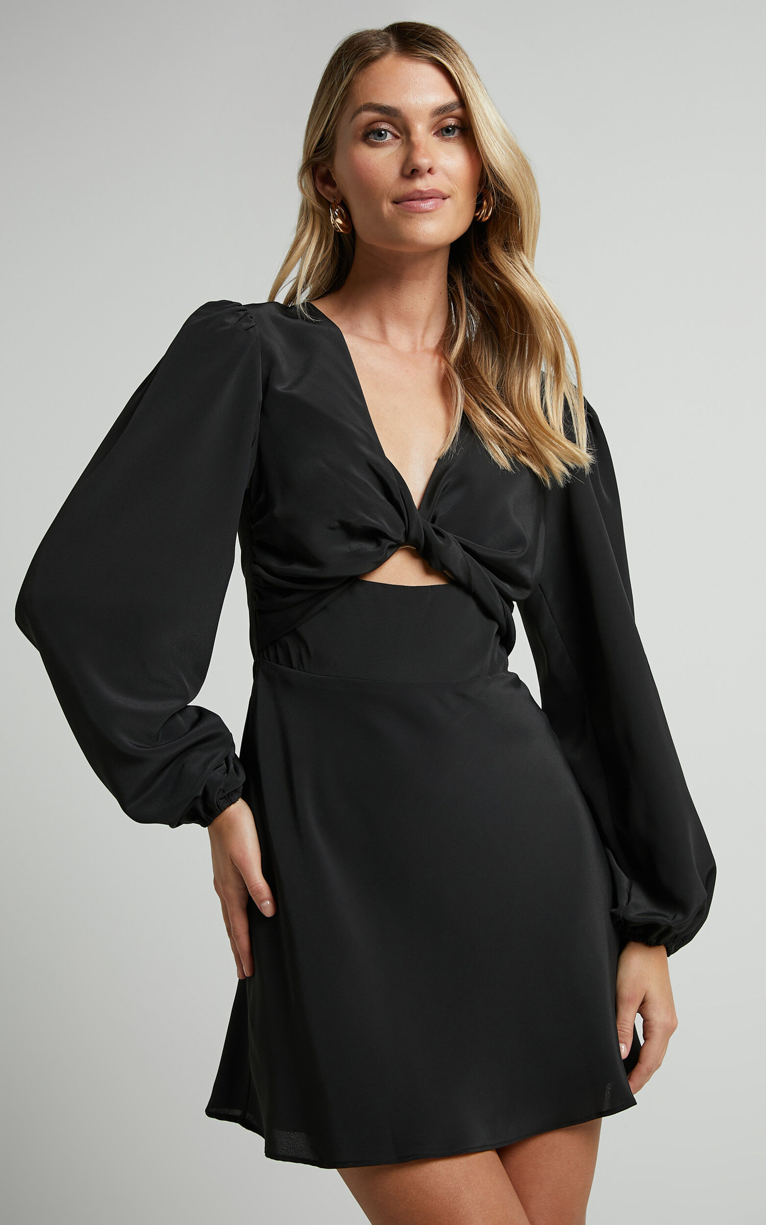 Pilar Mini Dress - Twist Front Long Sleeve Dress in Black - 06, BLK1