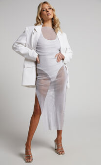 Karmen Midi Dress - Long Sleeve Split Diamante Mesh Dress in White