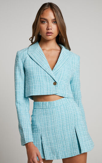 Sheba Two Piece Set - Tweed Cropped Blazer and Mini Skort in Teal