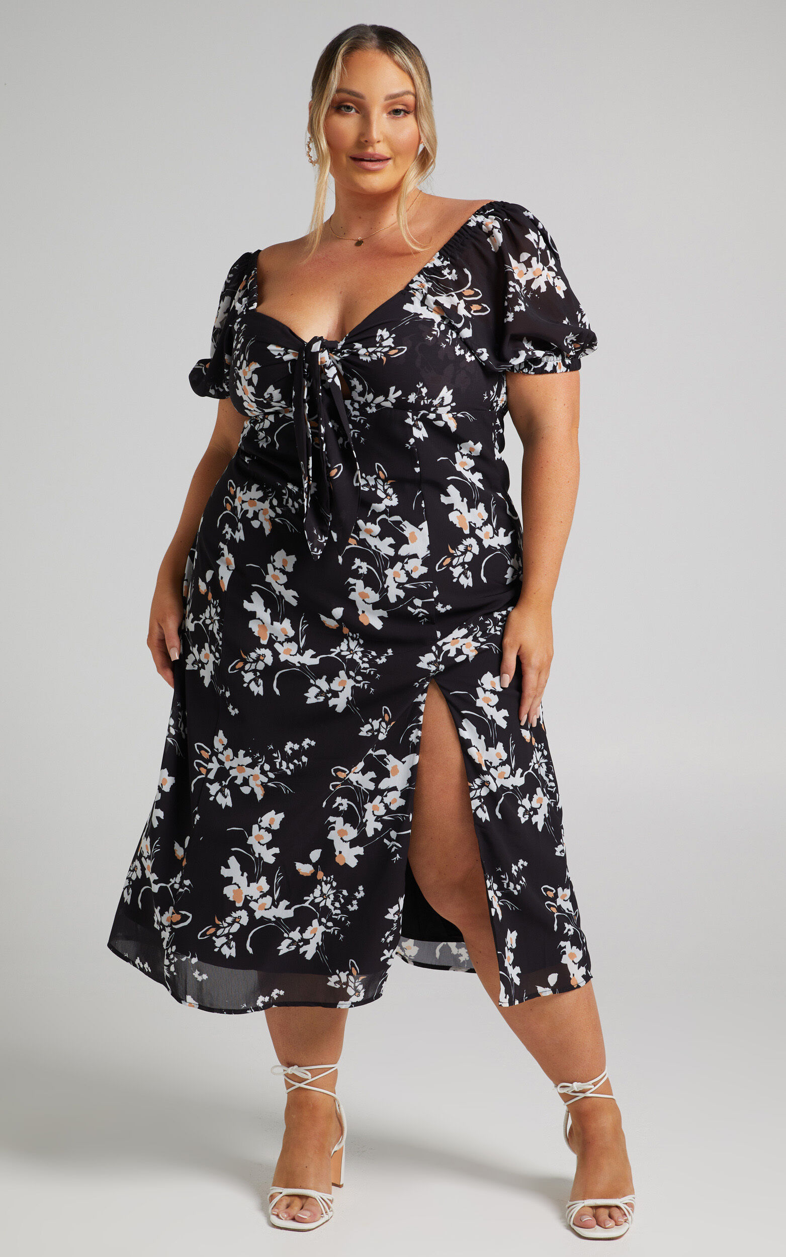 Cyia Tie Bust Midi Dress with Leg Slit in Black Floral - 04, BLK2, super-hi-res image number null