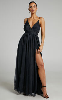 Angelina Midaxi Dress - Plunge Neck Glitter Neck Dress in Black