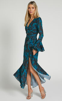 Teherra Midi Dress - Ruffle Long Sleeve Dress in Jewel Blur