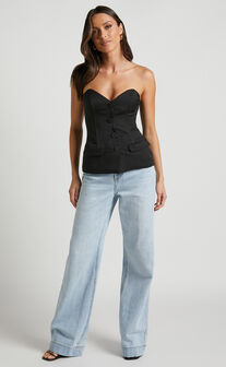 Silvia Top - Button Through Sweetheart Strapless Top in Black