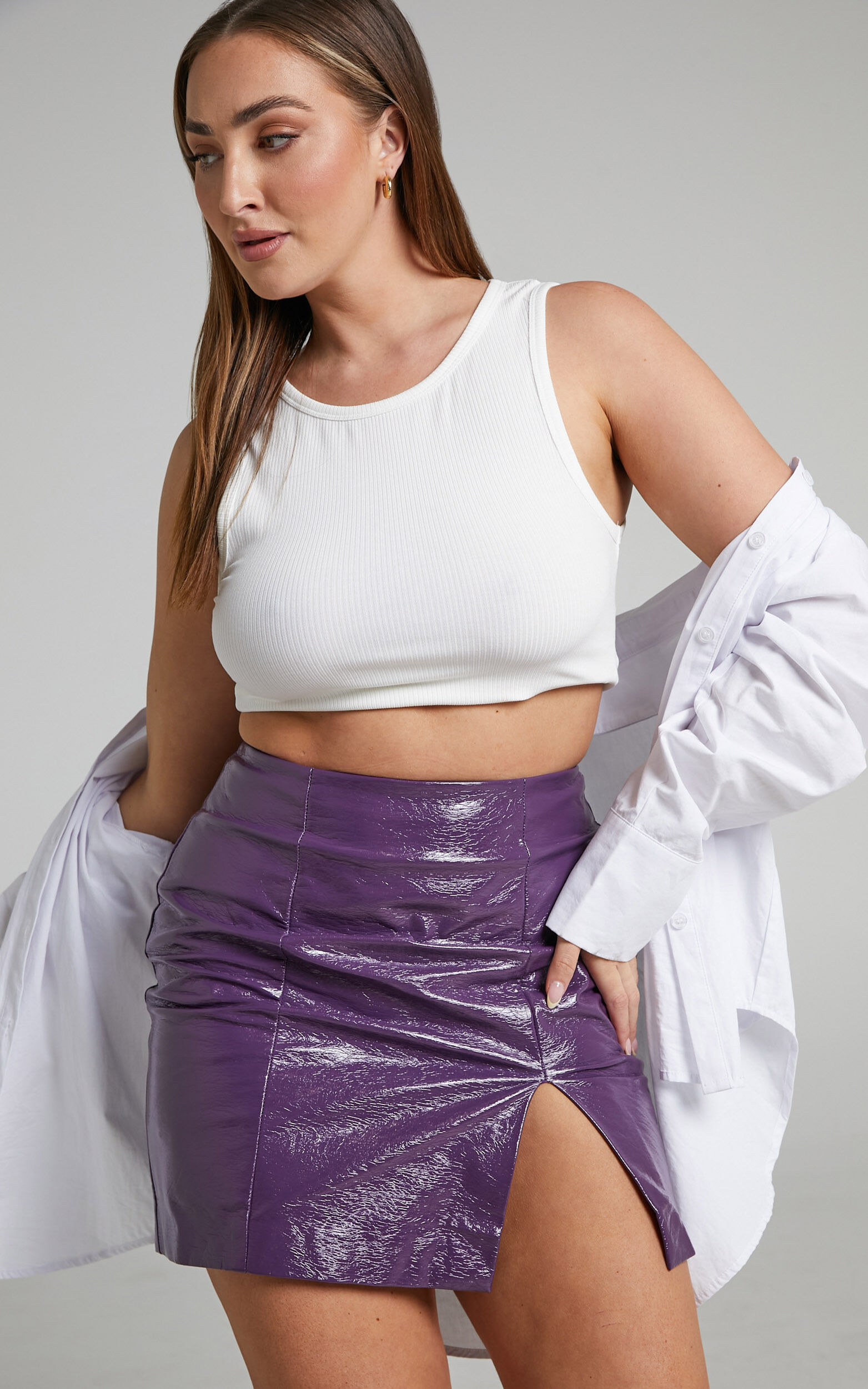 Reiko Patent Faux Leather Mini Skirt in Purple - 06, PRP1, super-hi-res image number null