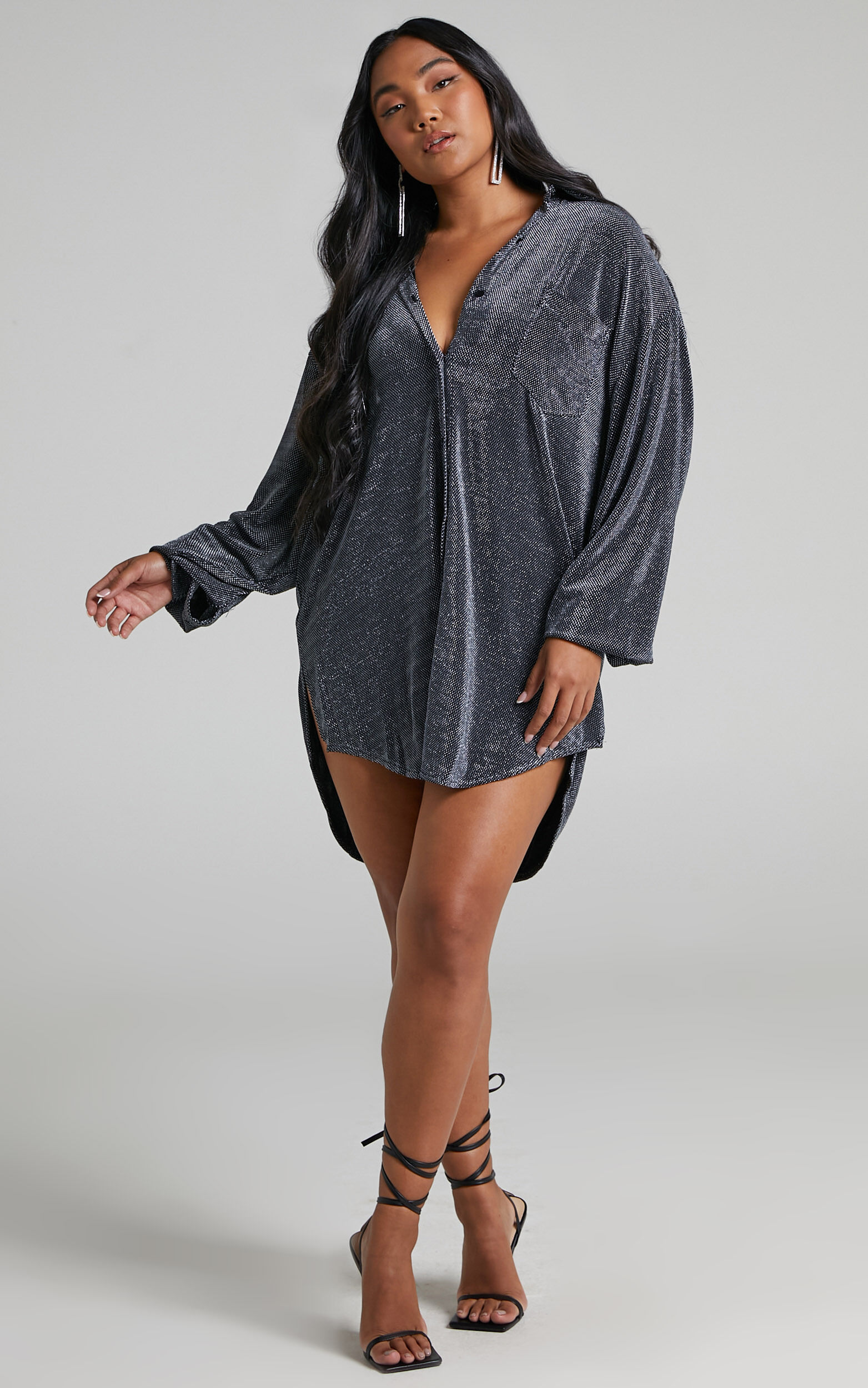 Ruri Sparkly Oversized Mini Shirt Dress in Black and Silver - 04, BLK2, super-hi-res image number null