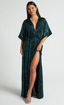 Miyah Maxi Dress - Sequin Plunge Short Sleeve Dress in Emerald
