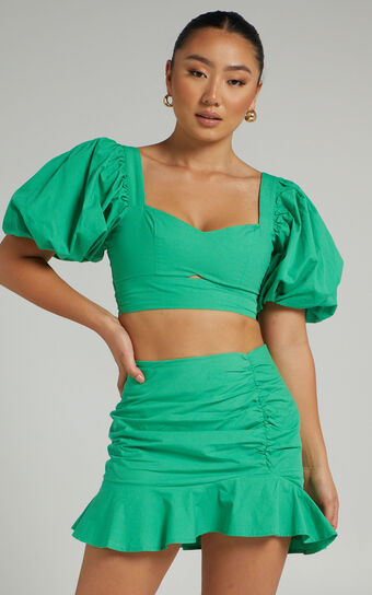 Astarte Two Piece Set - Puff Sleeve Crop Top and Ruched Mini Skirt Set in Green