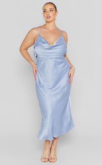 Soft Petal Midi Dress - Cowl Crossover Back Dress in Cornflower Blue