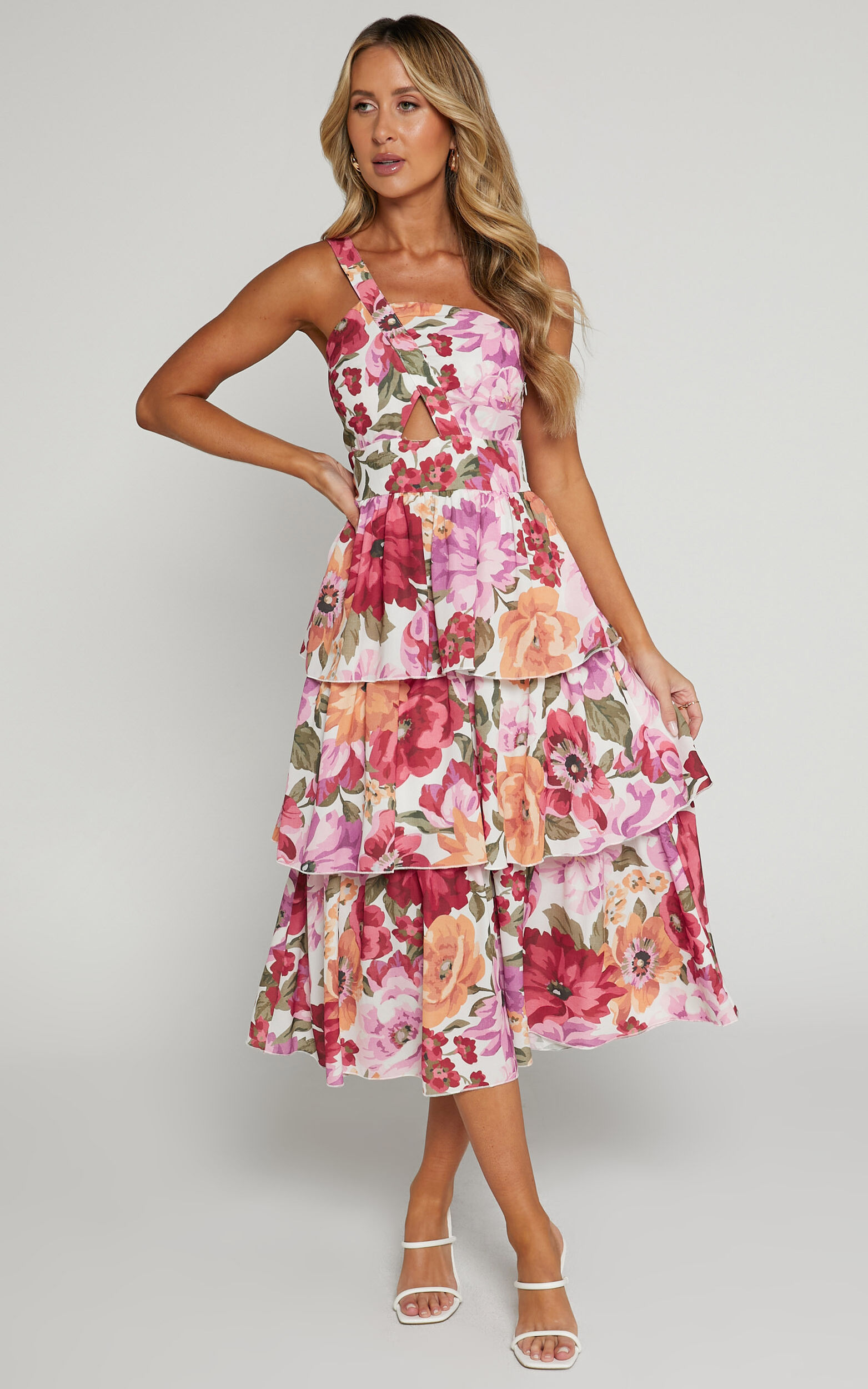 Caro Midi Dress - One Shoulder Tiered Dress in Spring Floral - 04, PRP1