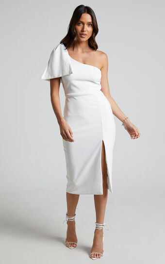 I Got A Feeling Midi Dress - One Shoulder Side Split Dress in White