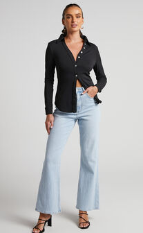 Keaton Blouse - Collared Long Sleeve Button Through Blouse in Black