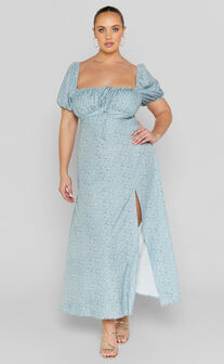 Zenny Midi Dress - Ruched Bust Floral Dress in Light Blue
