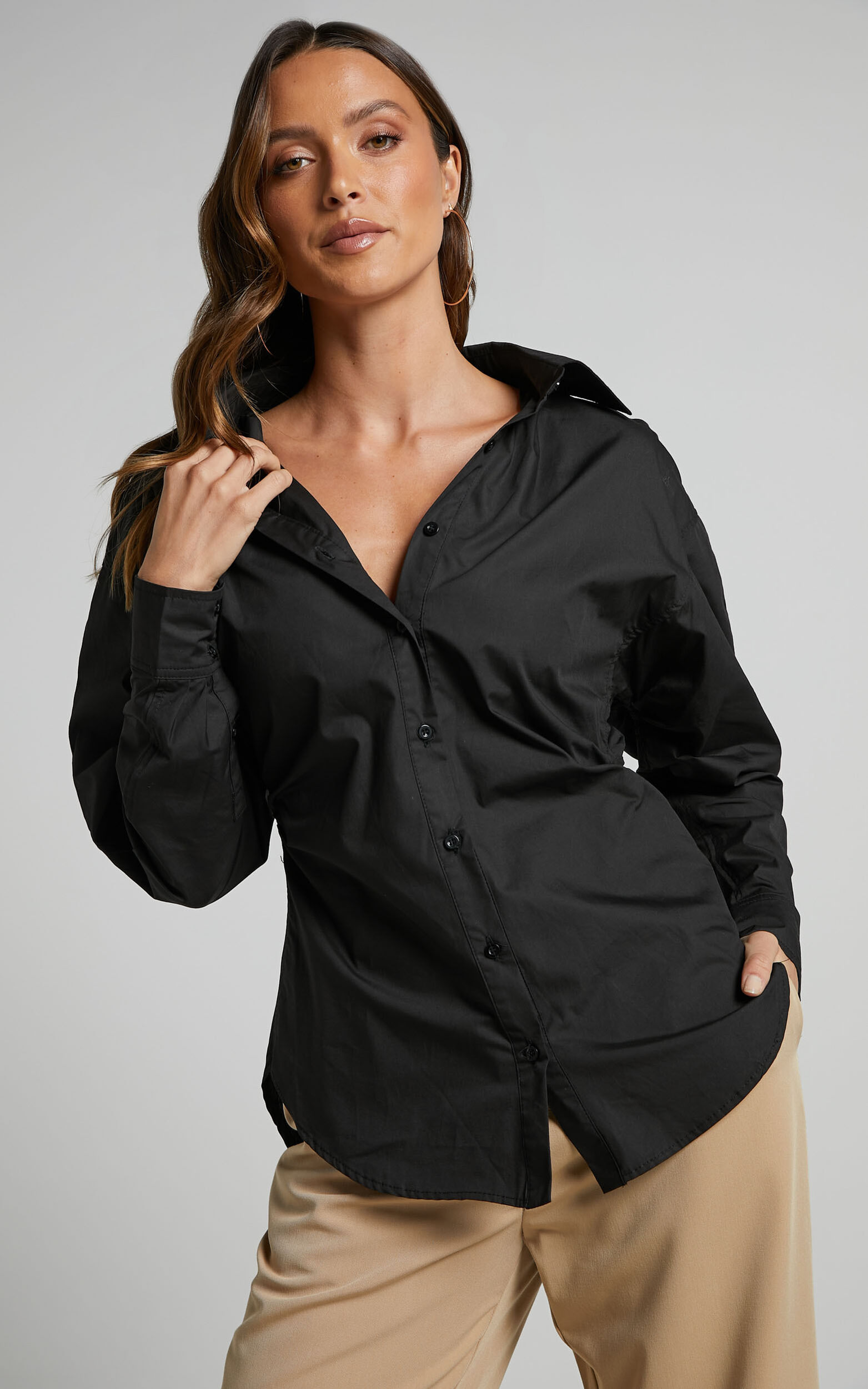 Tiva Shirt - Long Sleeve  Fitted Button Up Shirt in Black - 06, BLK1