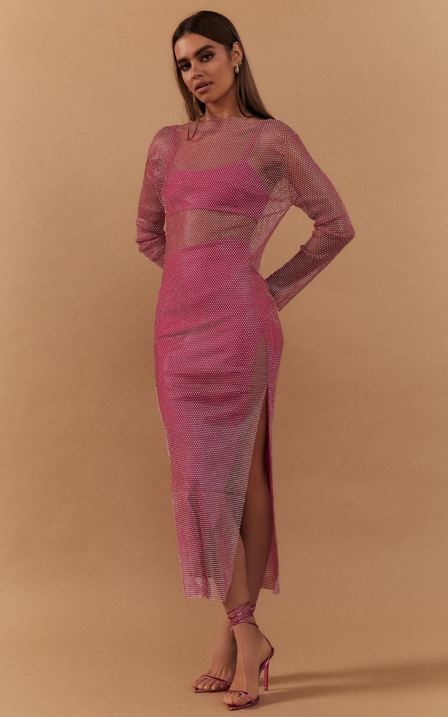 Karmen Midi Dress - Long Sleeve Split Diamante Mesh Dress in Pink - OneSize, PNK1, super-hi-res image number null