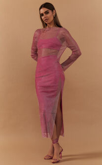 Karmen Midi Dress - Long Sleeve Split Diamante Mesh Dress in Pink
