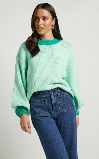 Carmen Crew Neck Colour Contrast Thick Knit Jumper in Green