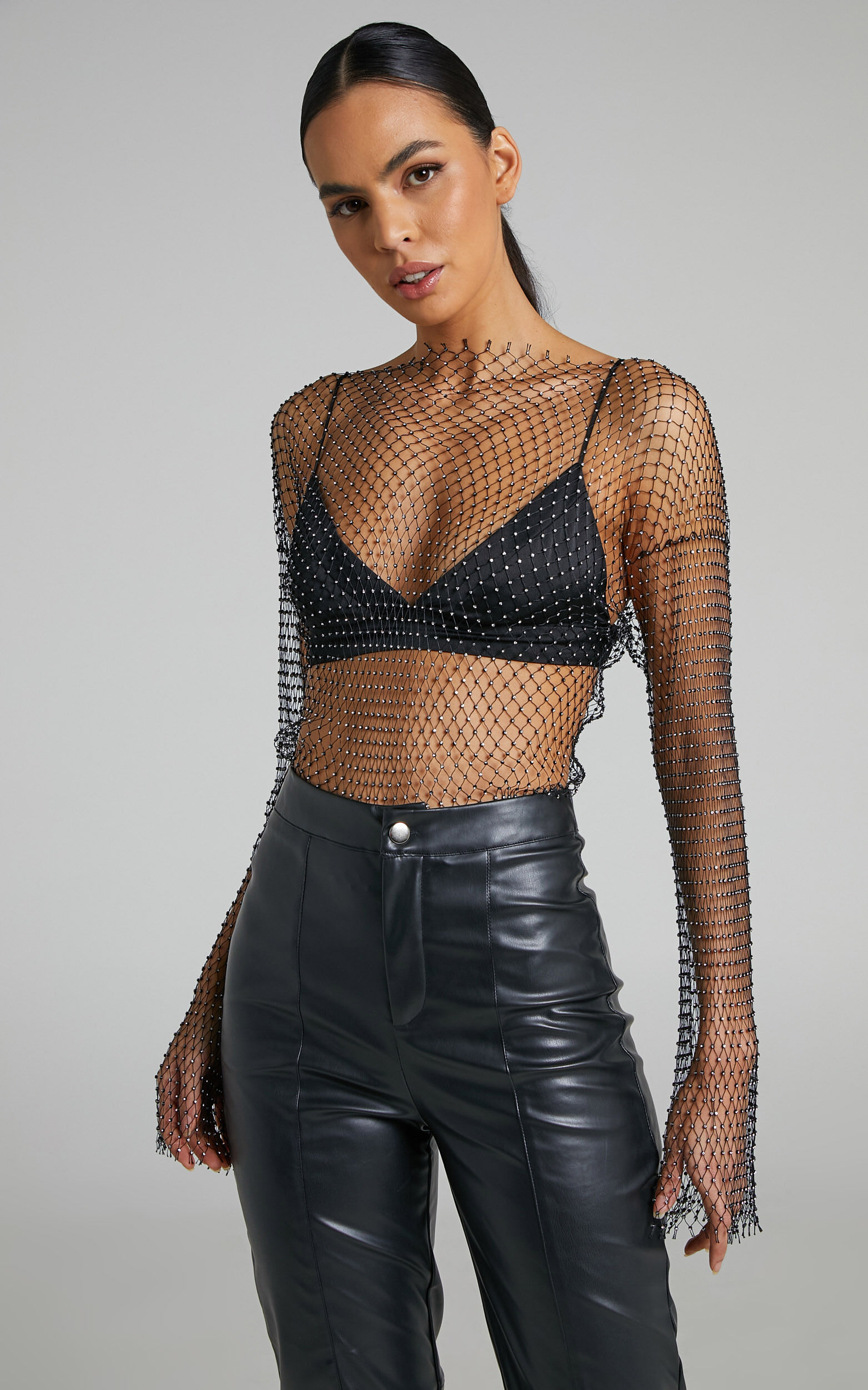 Charess Diamante Mesh Long Sleeve Top in Black - OneSize, BLK1, super-hi-res image number null