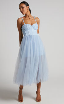 Aisha Bustier Bodice Tulle Midi Dress in Ice Blue