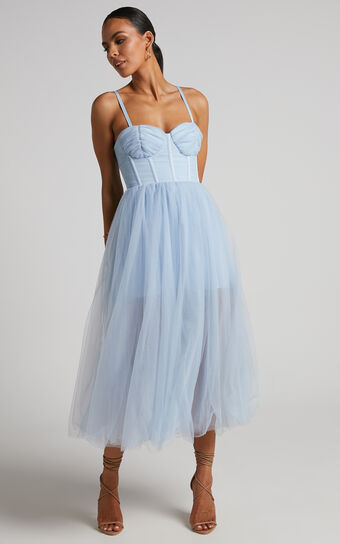 Aisha Midi Dress - Bustier Bodice Tulle Dress in Ice Blue