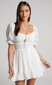 Roella Mini Dress - Shirred Waist Sweetheart Puff Sleeve Dress in White