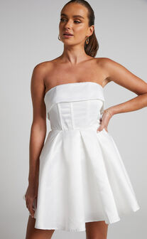 Valora Mini Dress - Strapless Fit and Flare Satin Dress in Ivory