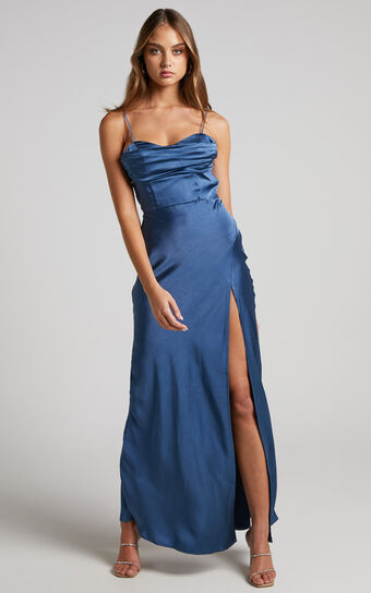 Brody Maxi Dress - High Split Bodice Slip Dress in Steel Blue