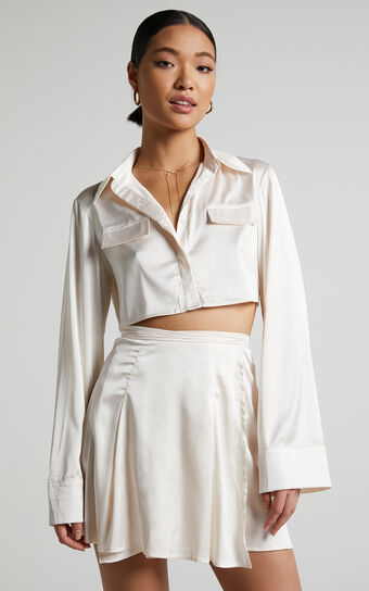 Jamilla Two Piece Set - Long Sleeve Cropped Shirt and Tie Waist Mini Skirt in Ivory