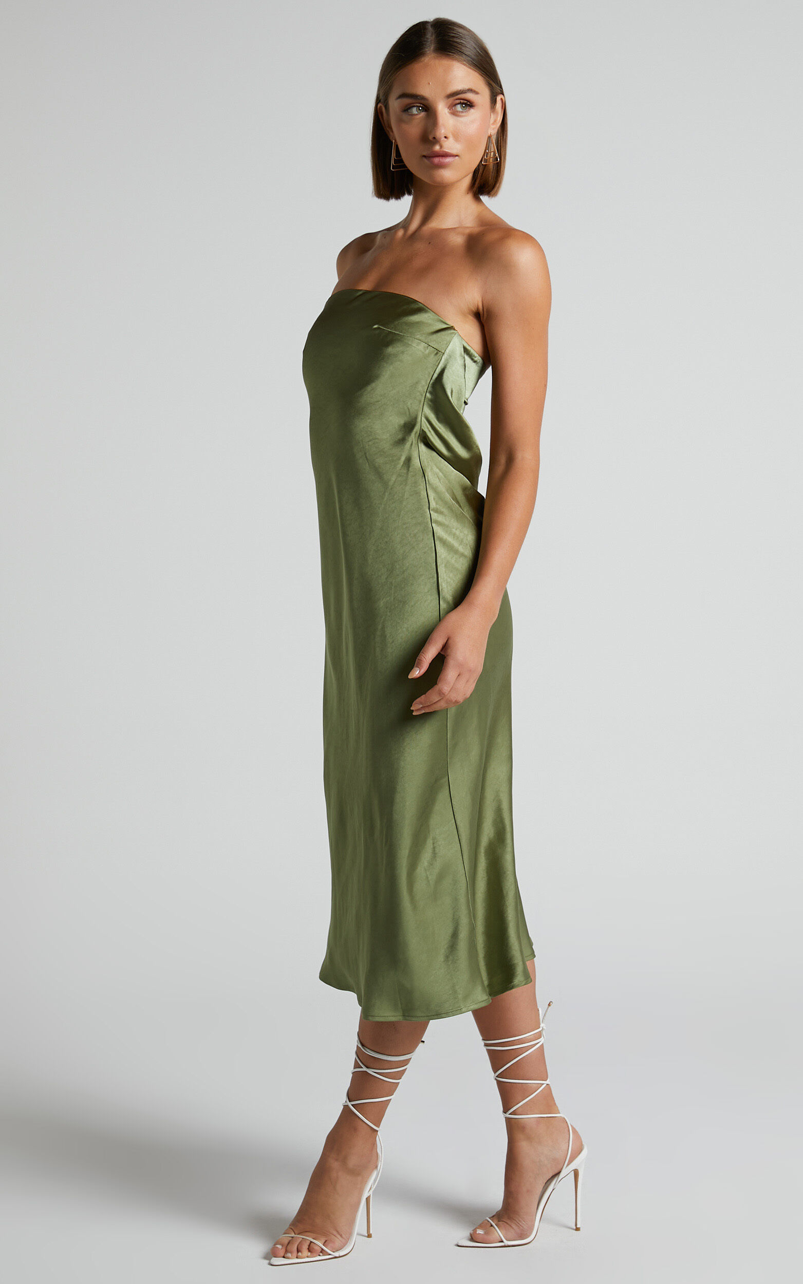 Charlita Midi Dress - Strapless Cowl Back Dress in Olive | Showpo USA