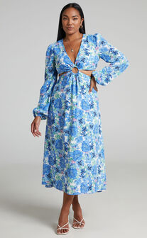 Geneve Ring Cut Out Long Sleeve Midi Dress in Geneve Blue Floral