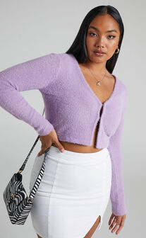 Glydel Fluffy Knit V Neck Crop Top in Lilac
