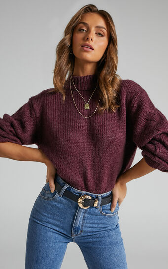 Zaphara Cable Knit Sleeve High Neck Jumper in Merlot