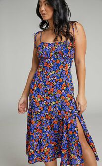 Eithna Ruched Bust Strappy Midi Dress in Dark Floral