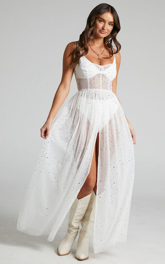 Stunning View Midaxi Dress - Bodice Sheer Dress in White Mesh