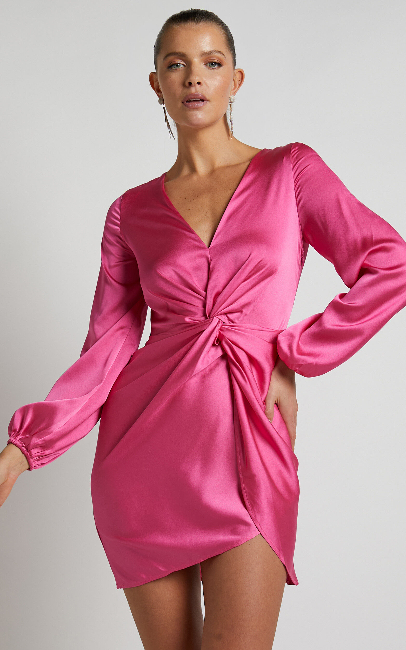 Everest Twist Front relaxed sleeve mini dress in Hot pink - 06, PNK1, super-hi-res image number null