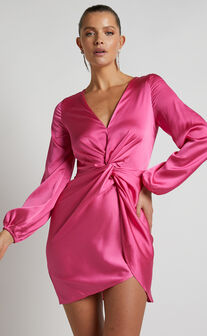 Everest Mini Dress - Twist Front Relaxed Sleeve Dress in Hot pink