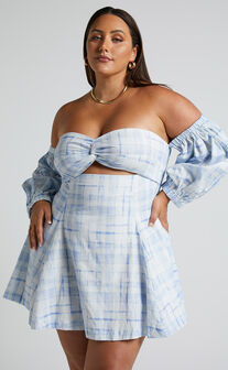 Amalie The Label - Emerita Off Shoulder Puff Sleeve Twist Mini Dress in Chieti Check Blue