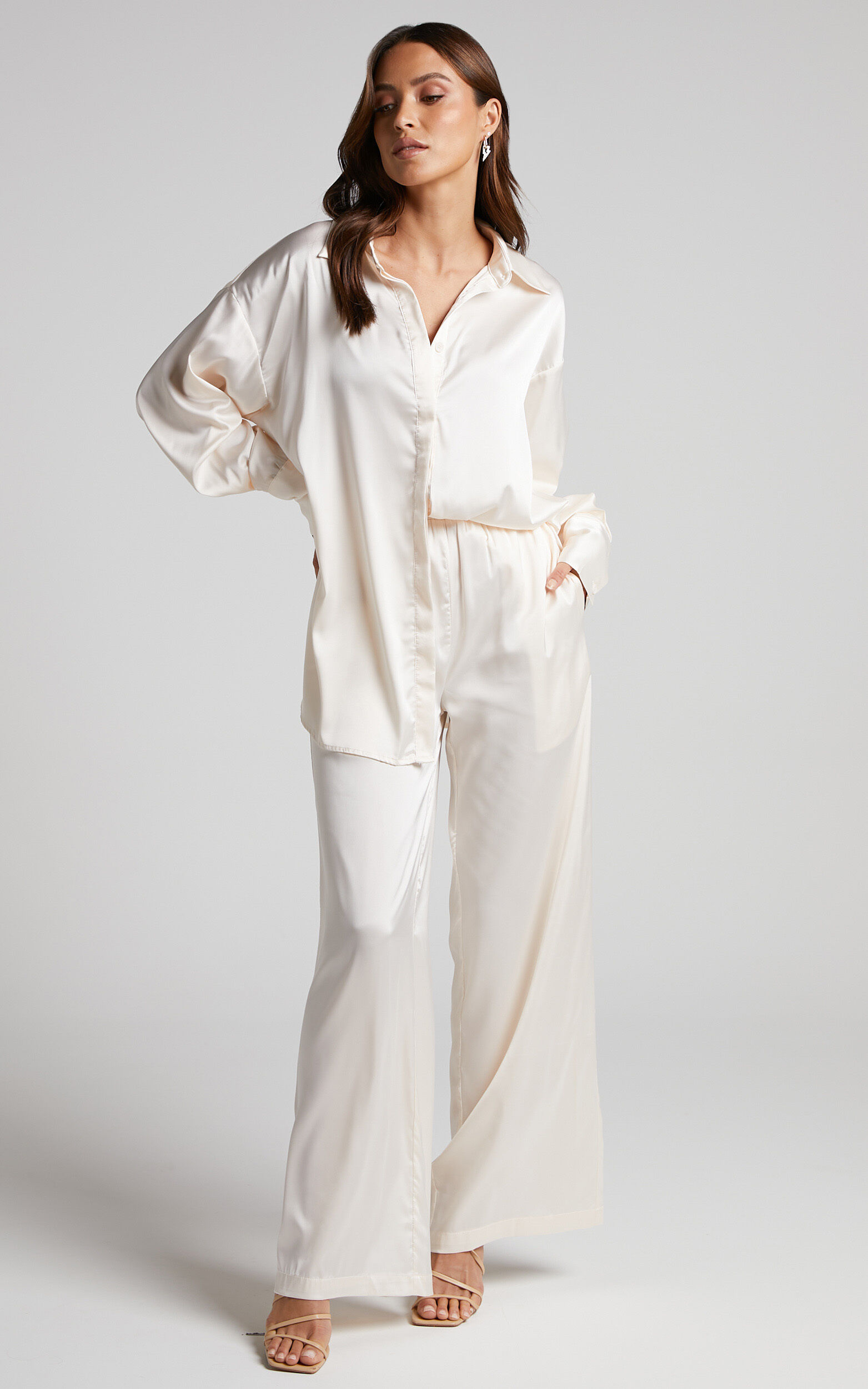 Trianna Two Piece Set - Oversized Satin Shirt and Wide Leg Pants in Oyster - 04, CRE1