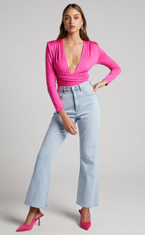 Jairlee Bodysuit - Plunge Neck Faux Wrap Front Bodysuit in Hot Pink