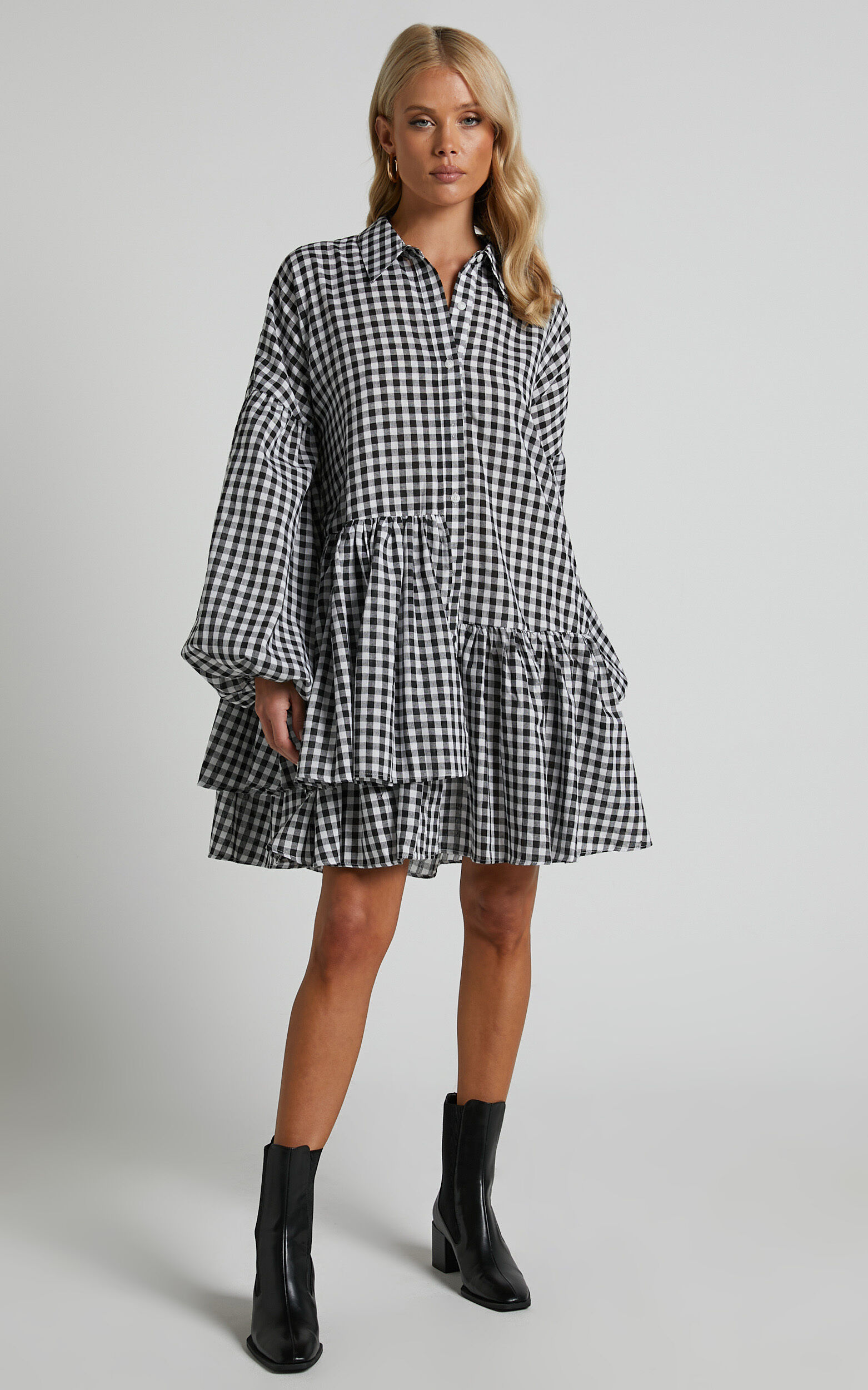 Brielle Button Up Collared Tiered Smock Mini Dress in Gingham Check - 06, BLK1, super-hi-res image number null