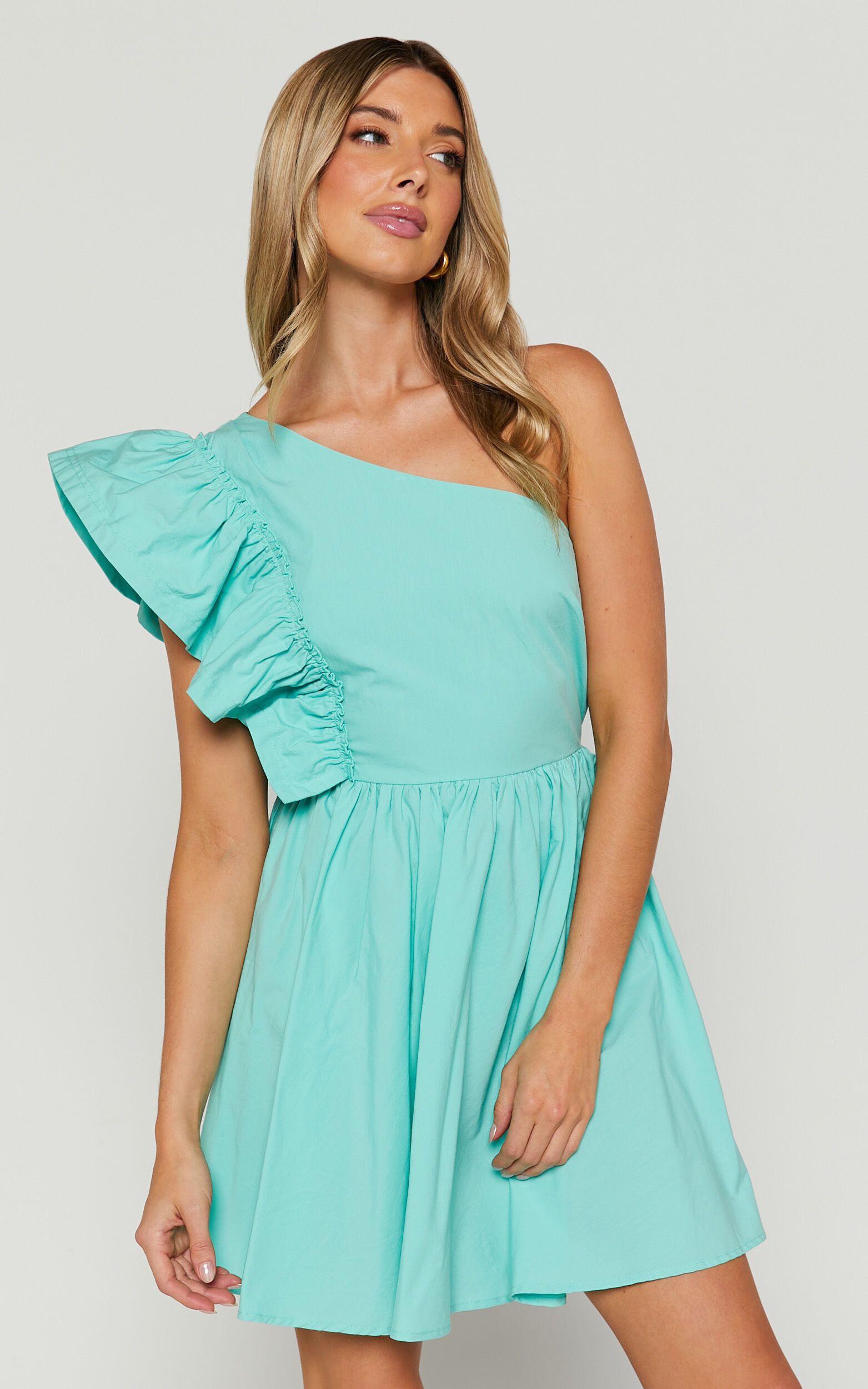 Brodie Mini Dress - One Shoulder Frill Dress in Green - 06, GRN1