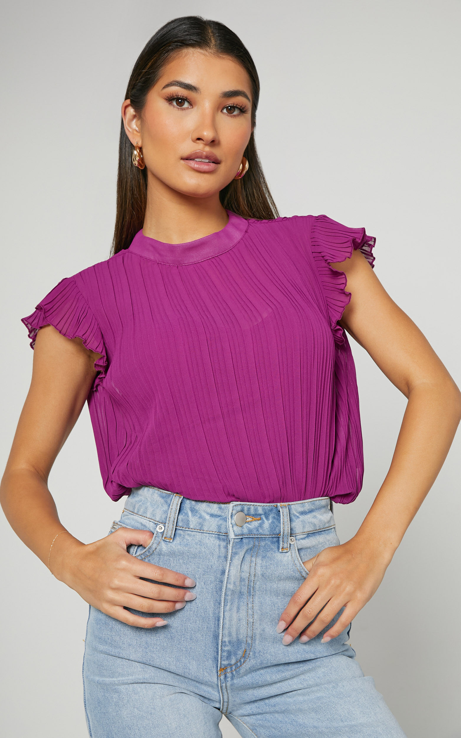 Harlow Top - High Neck Pleated Workwear Top in Plum | Showpo USA