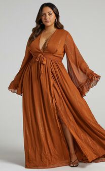 Dangerous Woman Maxi Dress - Plunge Thigh Split Dress in Rust